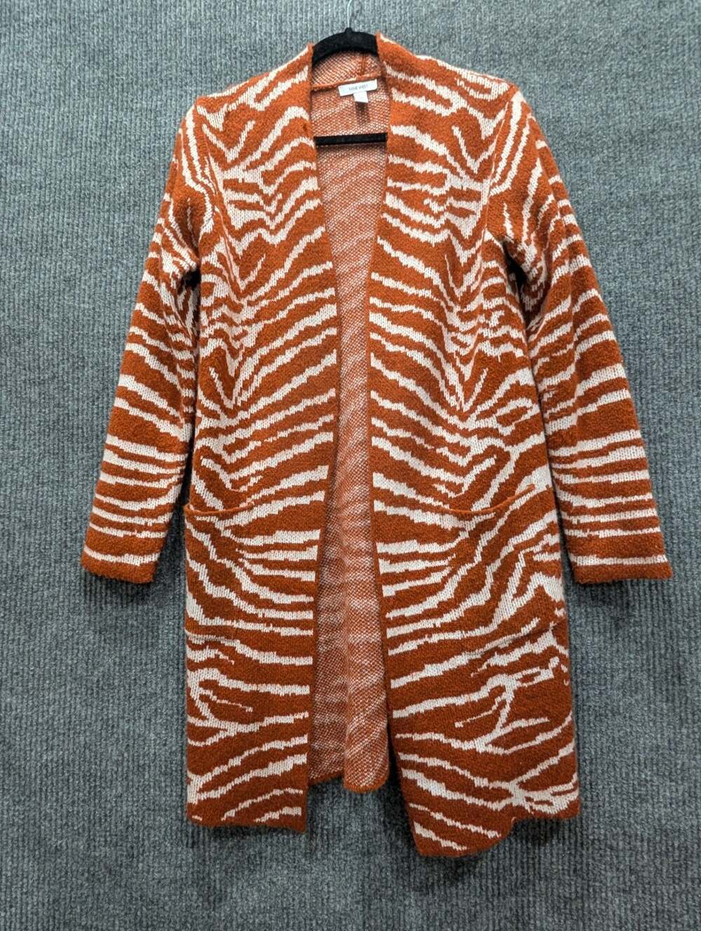 Nine West Orange White Zebra Print Open Front Long Cardigan Sz S